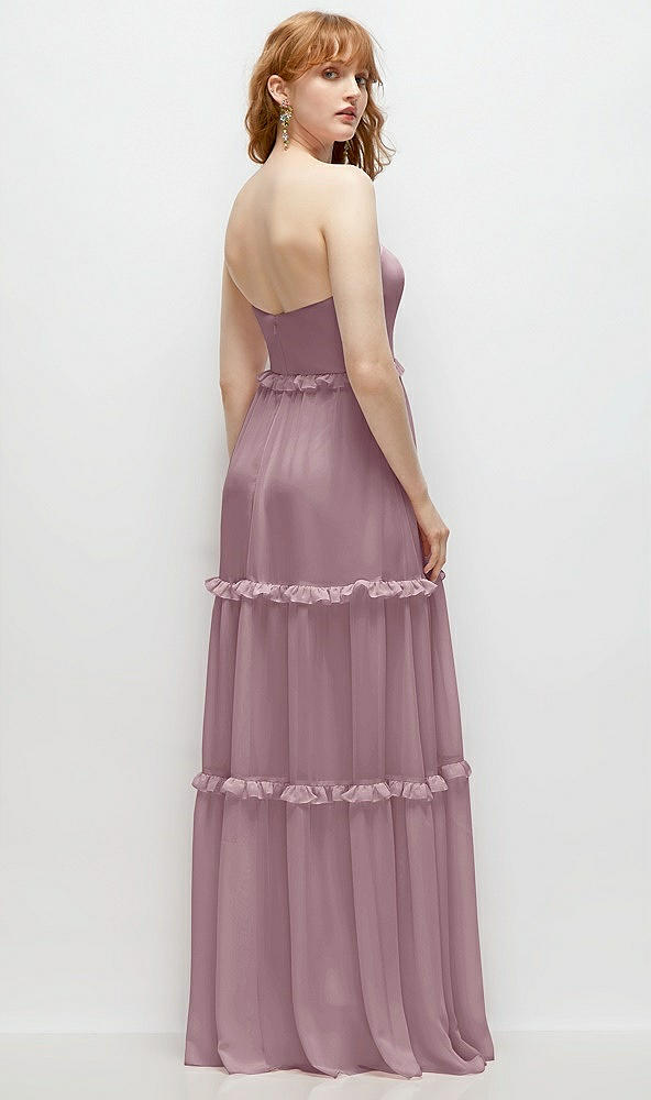 Back View - Dusty Rose Strapless Chiffon Maxi Dress with Tiered Micro Ruffle Full Skirt