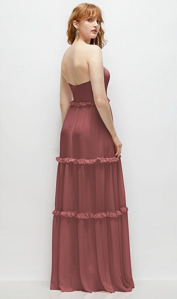 Back View - English Rose Strapless Chiffon Maxi Dress with Tiered Micro Ruffle Full Skirt