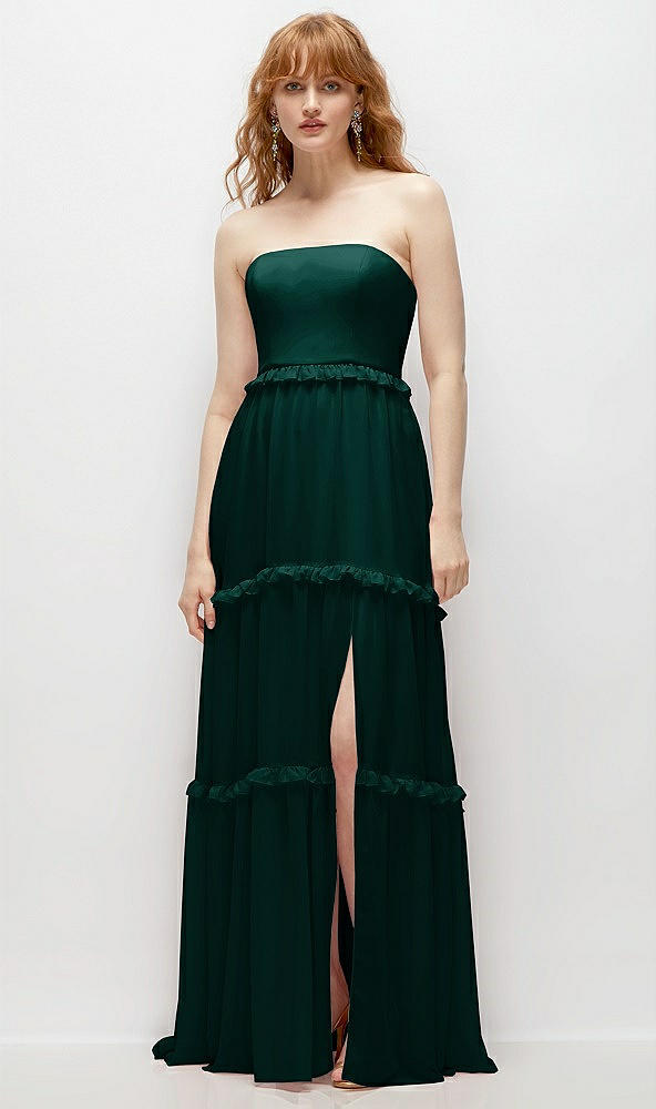 Front View - Evergreen Strapless Chiffon Maxi Dress with Tiered Micro Ruffle Full Skirt