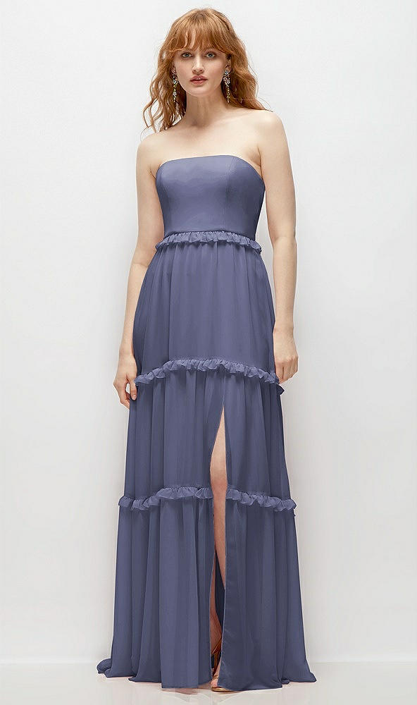 Front View - French Blue Strapless Chiffon Maxi Dress with Tiered Micro Ruffle Full Skirt