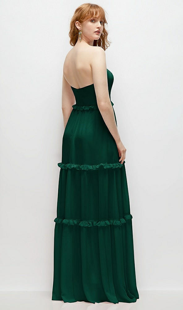 Back View - Hunter Green Strapless Chiffon Maxi Dress with Tiered Micro Ruffle Full Skirt