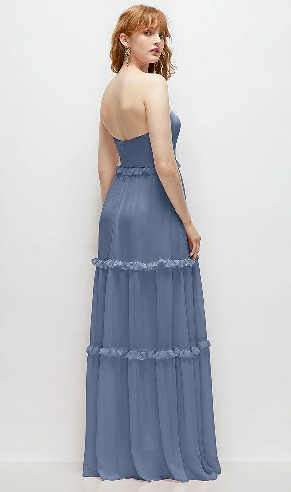 Back View - Larkspur Blue Strapless Chiffon Maxi Dress with Tiered Micro Ruffle Full Skirt