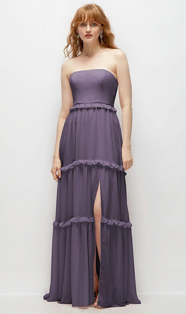 Front View - Lavender Strapless Chiffon Maxi Dress with Tiered Micro Ruffle Full Skirt