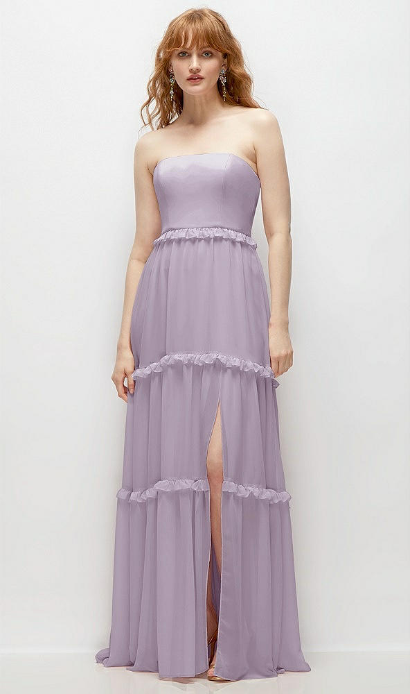 Front View - Lilac Haze Strapless Chiffon Maxi Dress with Tiered Micro Ruffle Full Skirt