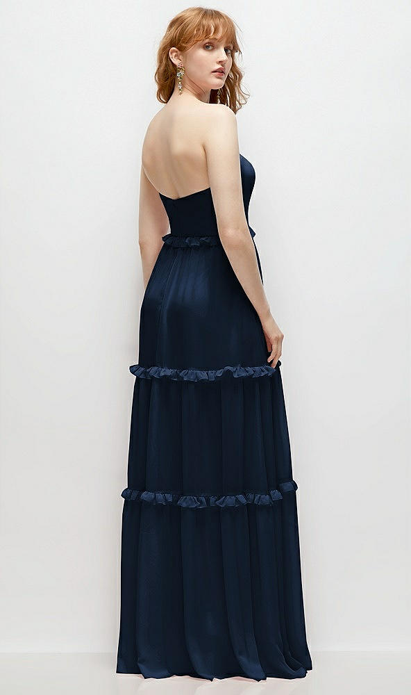 Back View - Midnight Navy Strapless Chiffon Maxi Dress with Tiered Micro Ruffle Full Skirt