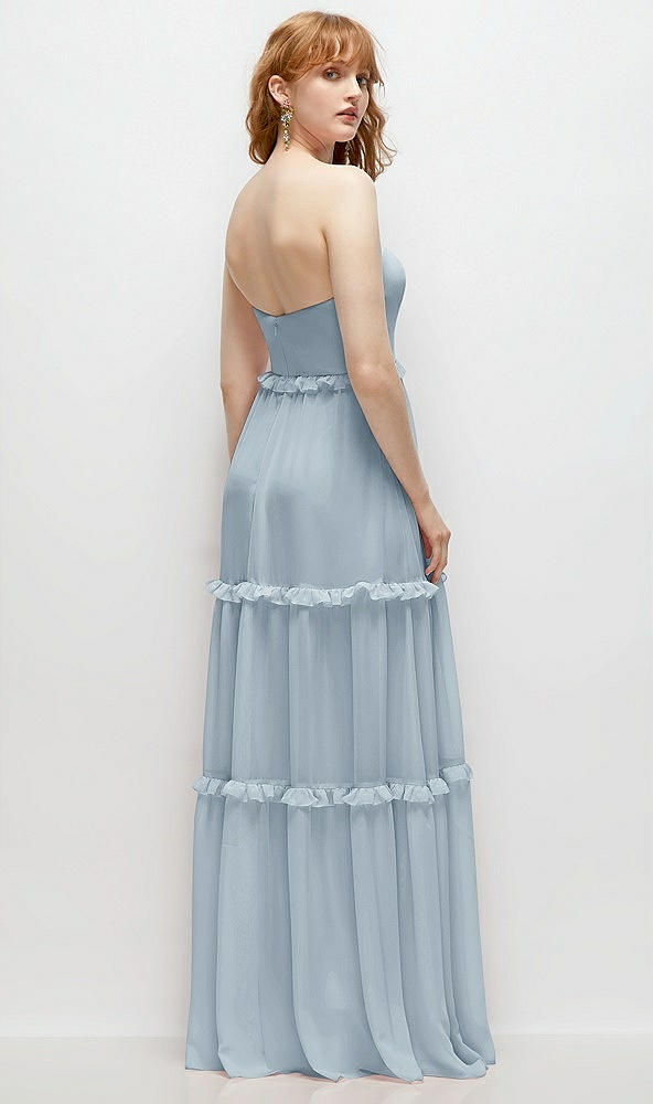 Back View - Mist Strapless Chiffon Maxi Dress with Tiered Micro Ruffle Full Skirt