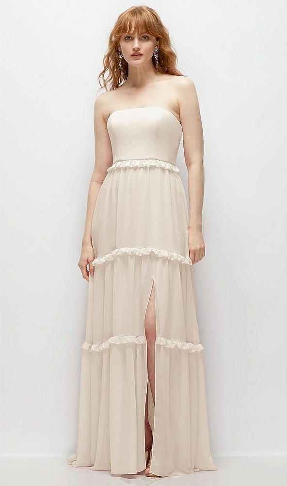 Front View - Oat Strapless Chiffon Maxi Dress with Tiered Micro Ruffle Full Skirt