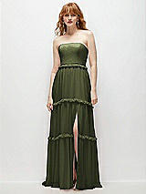 Front View Thumbnail - Olive Green Strapless Chiffon Maxi Dress with Tiered Micro Ruffle Full Skirt