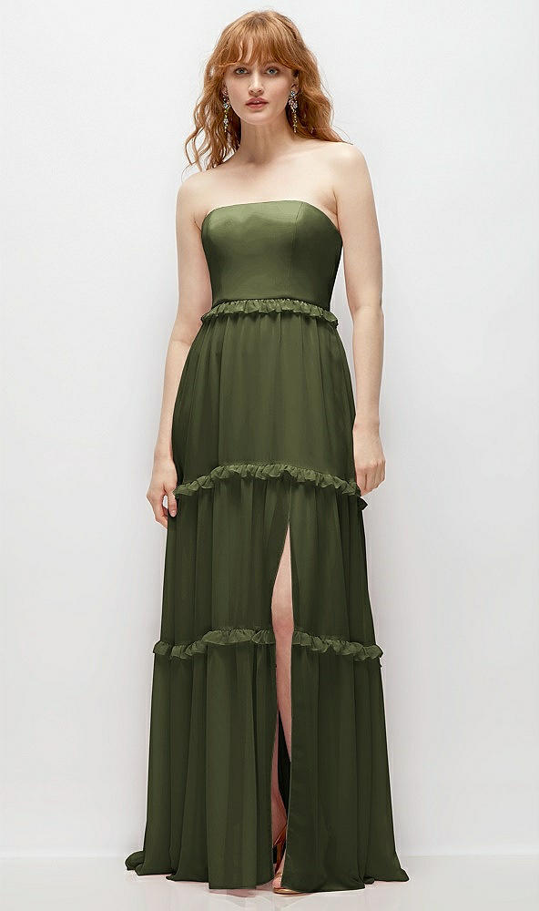 Front View - Olive Green Strapless Chiffon Maxi Dress with Tiered Micro Ruffle Full Skirt