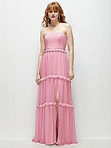 Front View Thumbnail - Peony Pink Strapless Chiffon Maxi Dress with Tiered Micro Ruffle Full Skirt