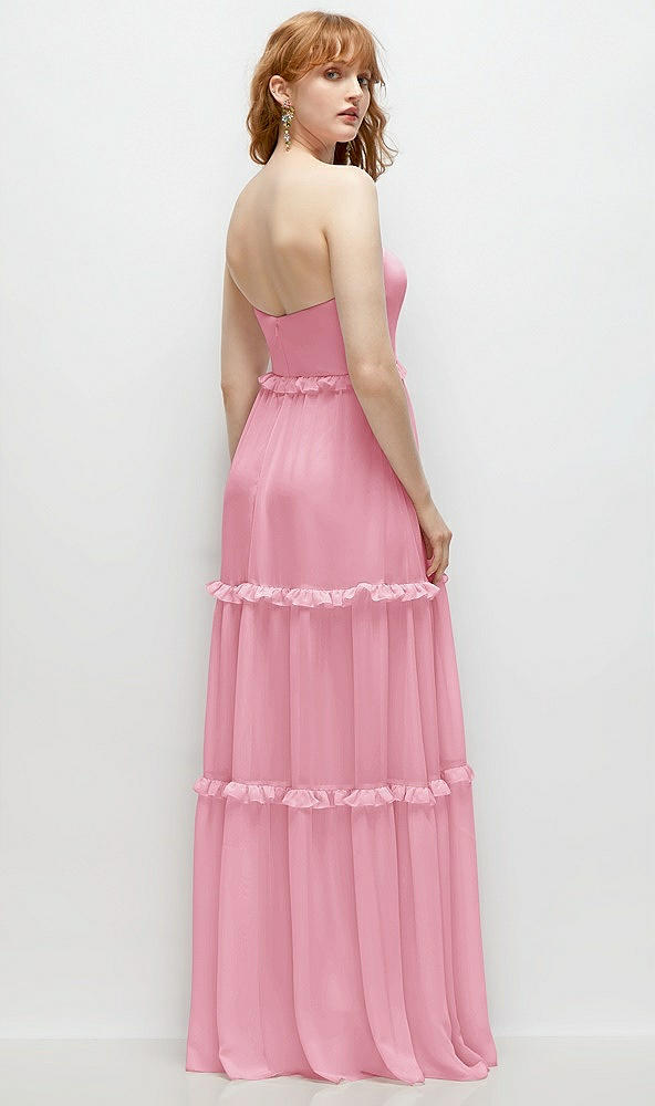 Back View - Peony Pink Strapless Chiffon Maxi Dress with Tiered Micro Ruffle Full Skirt