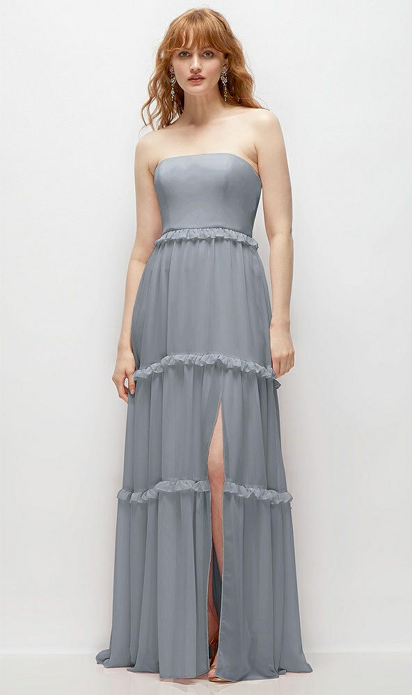 Front View - Platinum Strapless Chiffon Maxi Dress with Tiered Micro Ruffle Full Skirt