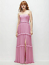 Front View Thumbnail - Powder Pink Strapless Chiffon Maxi Dress with Tiered Micro Ruffle Full Skirt