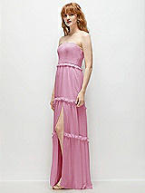 Side View Thumbnail - Powder Pink Strapless Chiffon Maxi Dress with Tiered Micro Ruffle Full Skirt