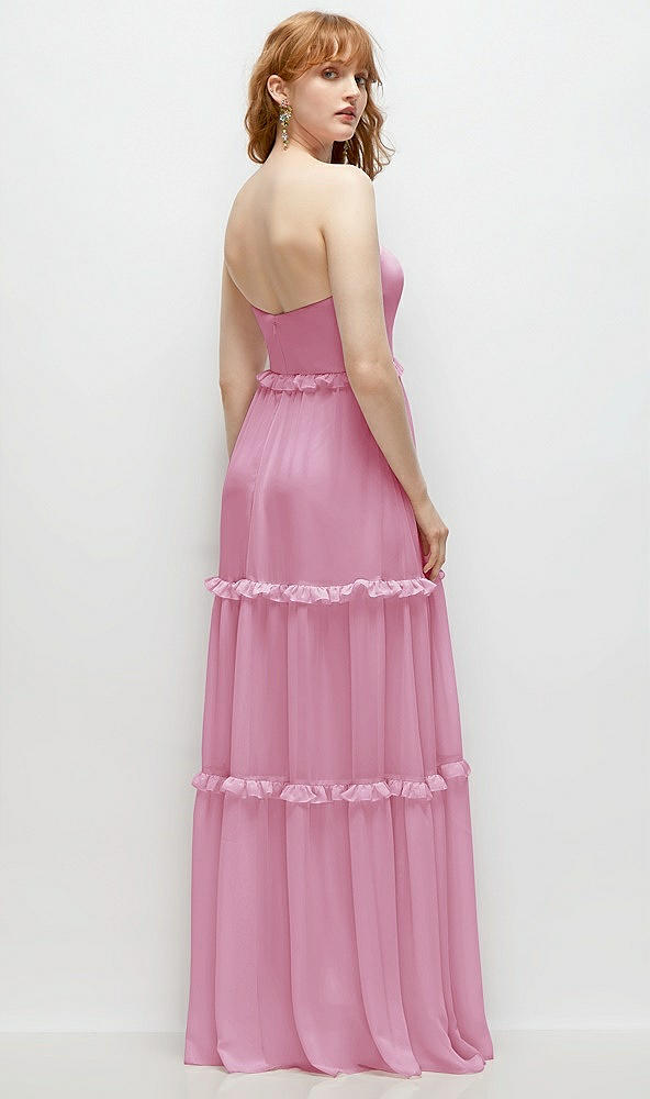 Back View - Powder Pink Strapless Chiffon Maxi Dress with Tiered Micro Ruffle Full Skirt