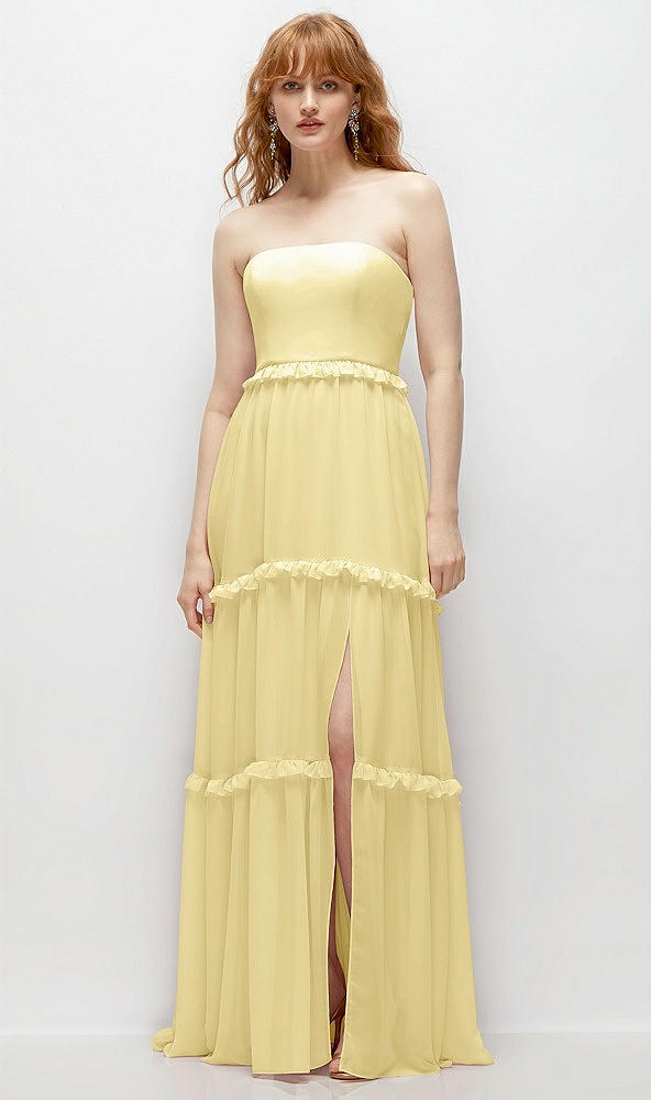 Front View - Pale Yellow Strapless Chiffon Maxi Dress with Tiered Micro Ruffle Full Skirt