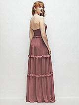 Rear View Thumbnail - Rosewood Strapless Chiffon Maxi Dress with Tiered Micro Ruffle Full Skirt