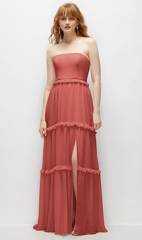 Front View - Coral Pink Strapless Chiffon Maxi Dress with Tiered Micro Ruffle Full Skirt