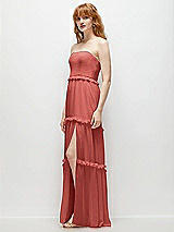 Side View Thumbnail - Coral Pink Strapless Chiffon Maxi Dress with Tiered Micro Ruffle Full Skirt