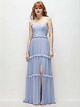 Front View Thumbnail - Sky Blue Strapless Chiffon Maxi Dress with Tiered Micro Ruffle Full Skirt