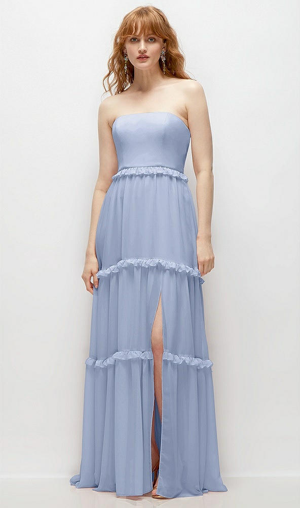 Front View - Sky Blue Strapless Chiffon Maxi Dress with Tiered Micro Ruffle Full Skirt