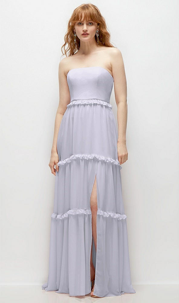 Front View - Silver Dove Strapless Chiffon Maxi Dress with Tiered Micro Ruffle Full Skirt