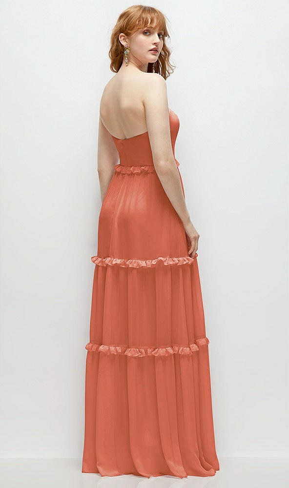 Back View - Terracotta Copper Strapless Chiffon Maxi Dress with Tiered Micro Ruffle Full Skirt