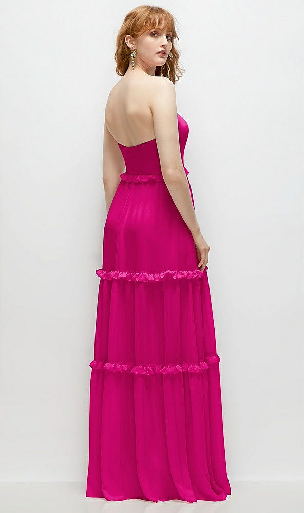 Back View - Think Pink Strapless Chiffon Maxi Dress with Tiered Micro Ruffle Full Skirt