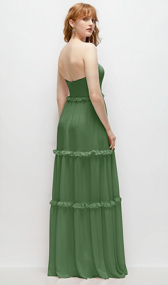 Back View - Vineyard Green Strapless Chiffon Maxi Dress with Tiered Micro Ruffle Full Skirt