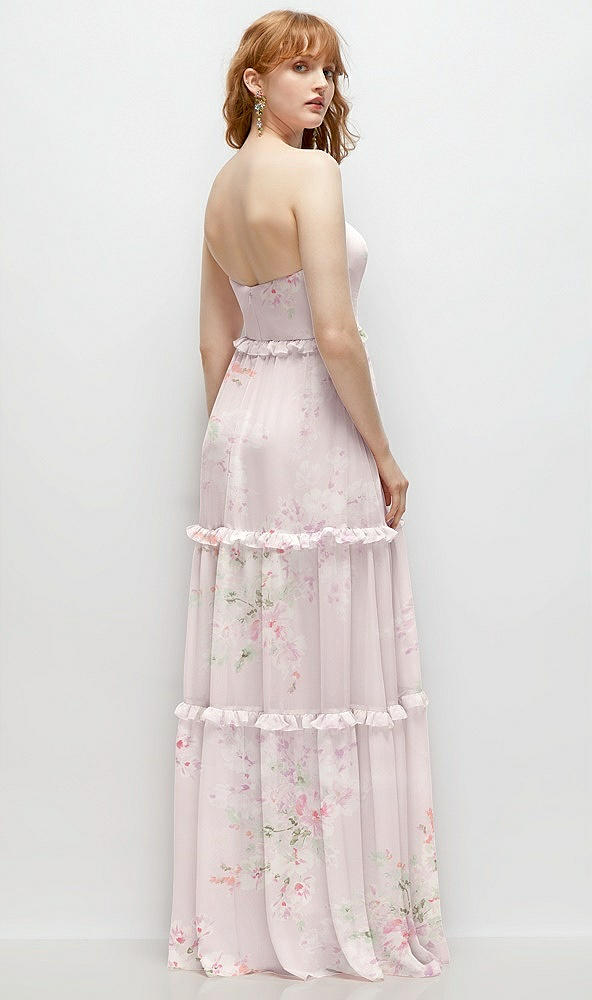 Back View - Watercolor Print Strapless Chiffon Maxi Dress with Tiered Micro Ruffle Full Skirt