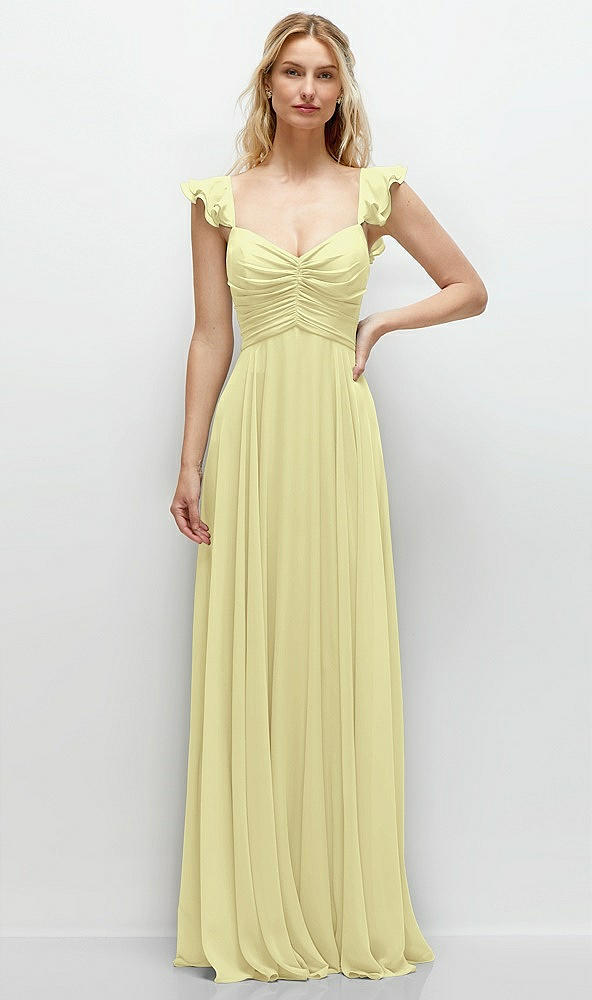 Front View - Butter Yellow Convertible Ruffle Strap Chiffon Maxi Dress with Full Circle Skirt