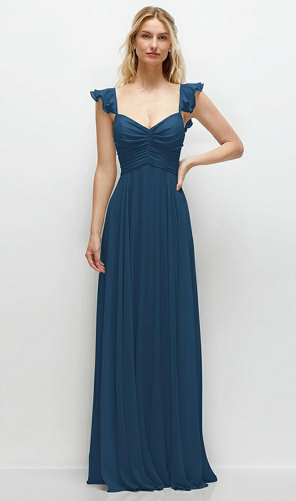 Front View - Dusk Blue Convertible Ruffle Strap Chiffon Maxi Dress with Full Circle Skirt