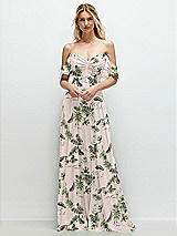 Alt View 1 Thumbnail - Palm Beach Print Convertible Ruffle Strap Chiffon Maxi Dress with Full Circle Skirt