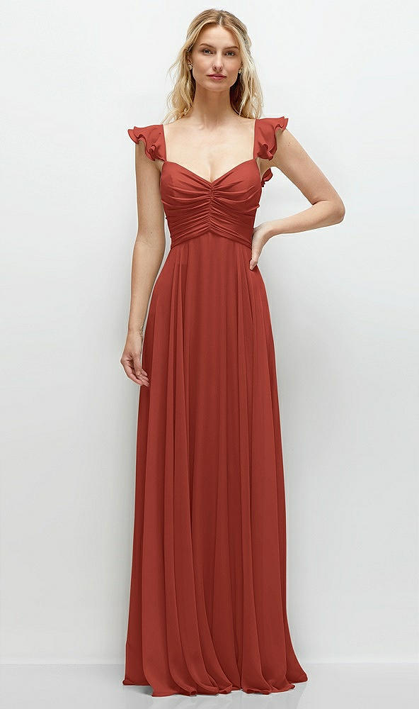 Front View - Amber Sunset Convertible Ruffle Strap Chiffon Maxi Dress with Full Circle Skirt