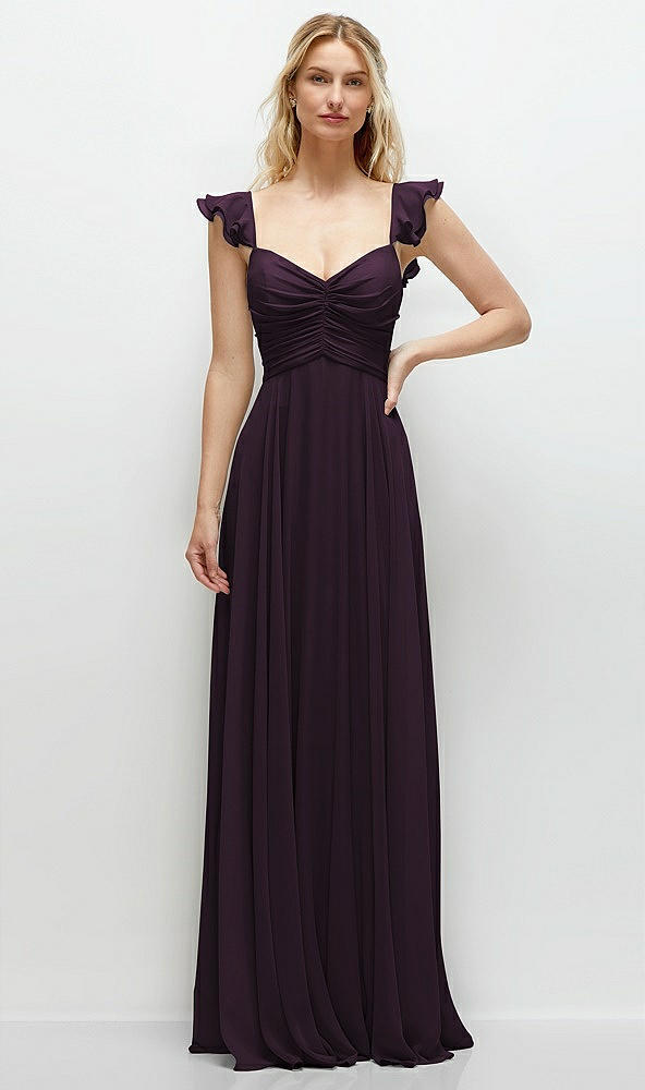 Front View - Aubergine Convertible Ruffle Strap Chiffon Maxi Dress with Full Circle Skirt