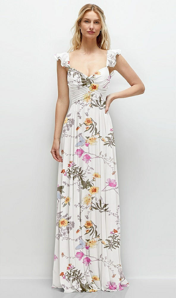 Front View - Butterfly Botanica Ivory Convertible Ruffle Strap Chiffon Maxi Dress with Full Circle Skirt