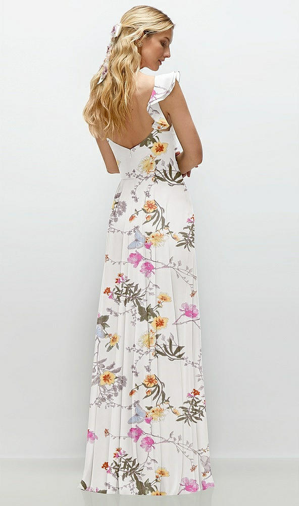 Back View - Butterfly Botanica Ivory Convertible Ruffle Strap Chiffon Maxi Dress with Full Circle Skirt