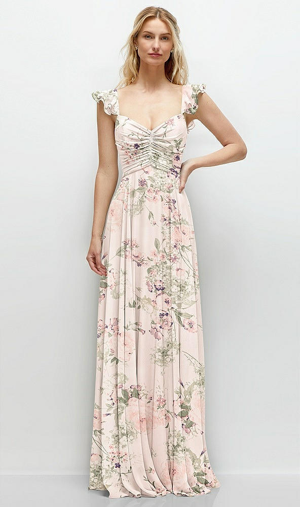 Front View - Blush Garden Convertible Ruffle Strap Chiffon Maxi Dress with Full Circle Skirt