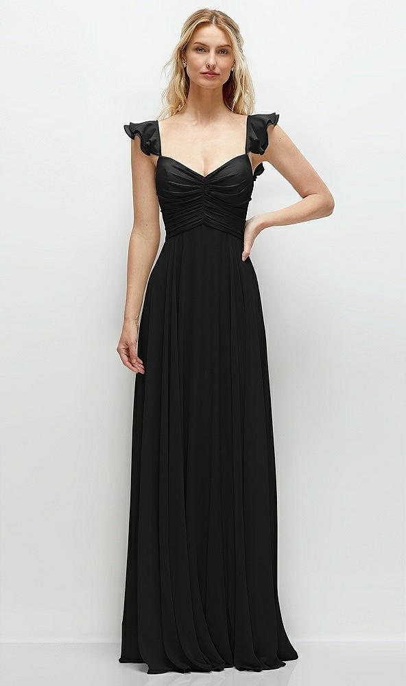 Front View - Black Convertible Ruffle Strap Chiffon Maxi Dress with Full Circle Skirt