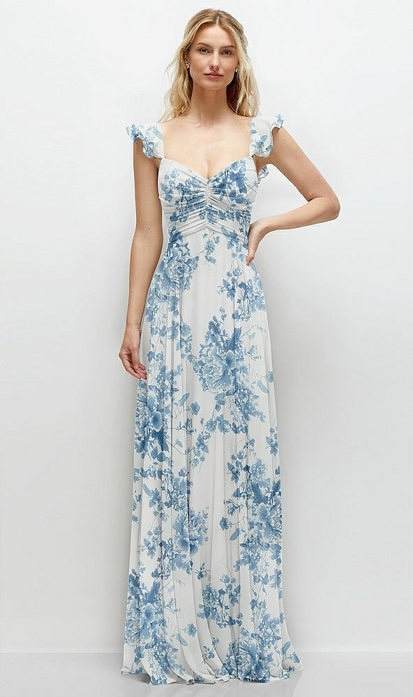 Front View - Cottage Rose Dusk Blue Convertible Ruffle Strap Chiffon Maxi Dress with Full Circle Skirt