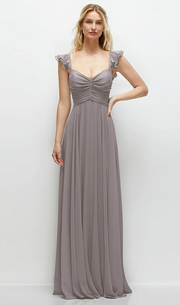 Front View - Cashmere Gray Convertible Ruffle Strap Chiffon Maxi Dress with Full Circle Skirt