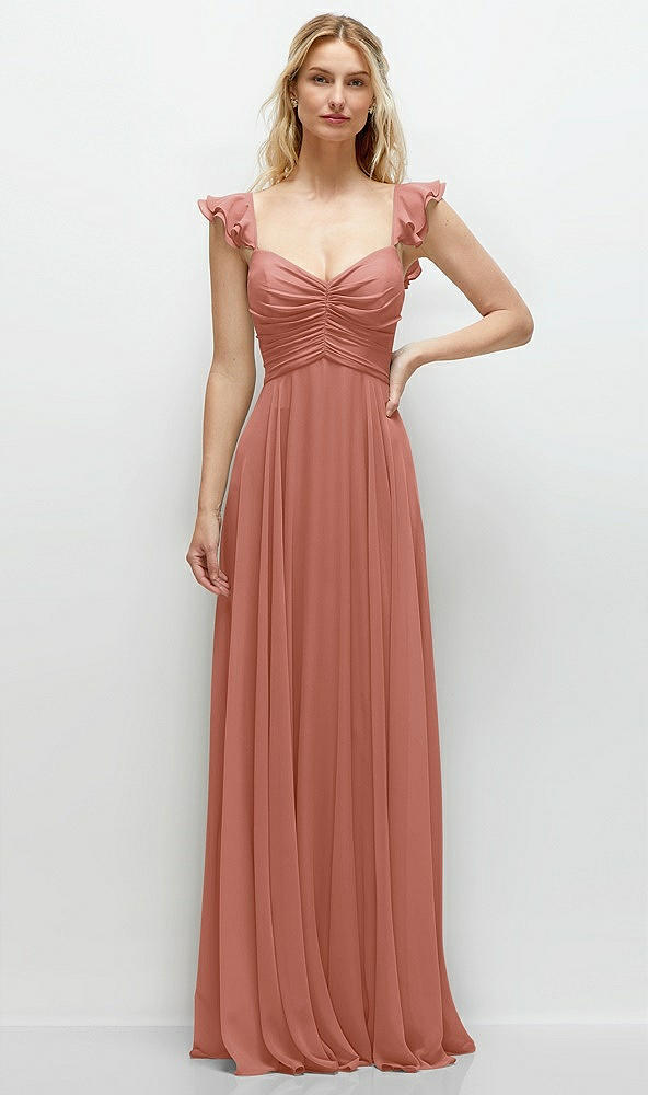 Front View - Desert Rose Convertible Ruffle Strap Chiffon Maxi Dress with Full Circle Skirt