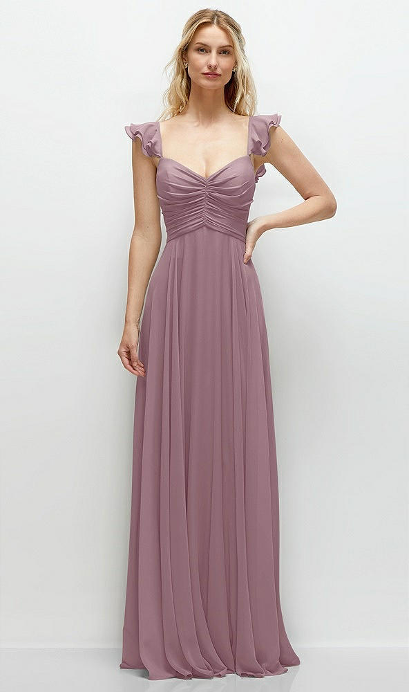 Front View - Dusty Rose Convertible Ruffle Strap Chiffon Maxi Dress with Full Circle Skirt