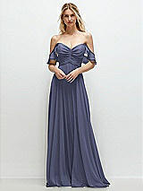 Alt View 1 Thumbnail - French Blue Convertible Ruffle Strap Chiffon Maxi Dress with Full Circle Skirt