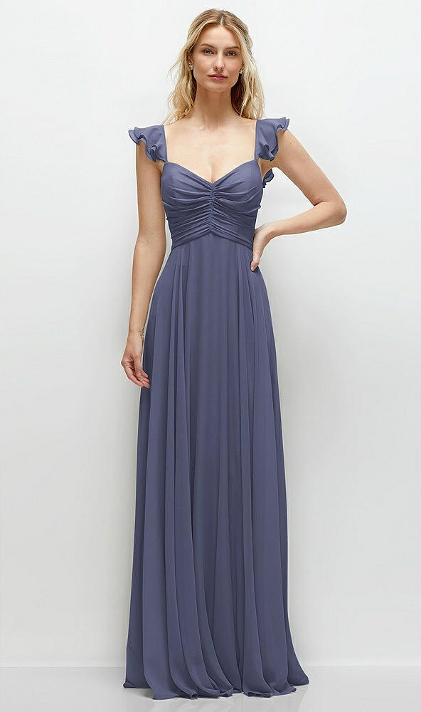 Front View - French Blue Convertible Ruffle Strap Chiffon Maxi Dress with Full Circle Skirt