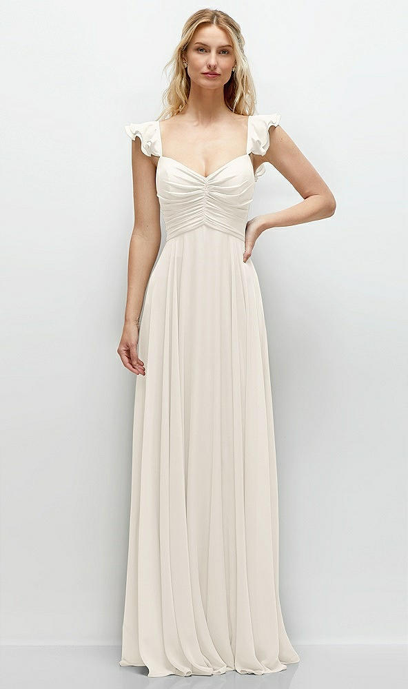 Front View - Ivory Convertible Ruffle Strap Chiffon Maxi Dress with Full Circle Skirt