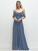 Alt View 1 Thumbnail - Larkspur Blue Convertible Ruffle Strap Chiffon Maxi Dress with Full Circle Skirt