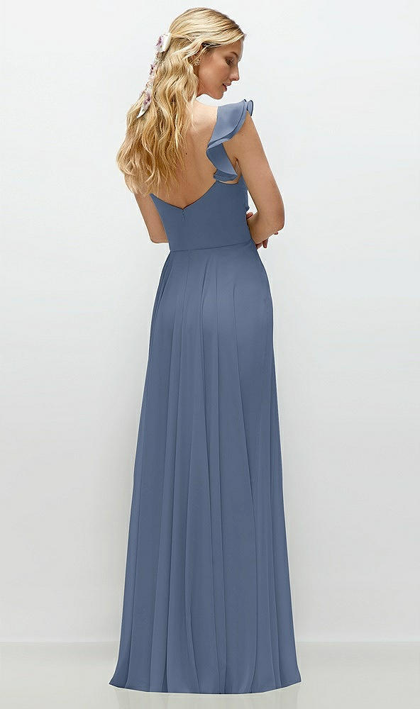 Back View - Larkspur Blue Convertible Ruffle Strap Chiffon Maxi Dress with Full Circle Skirt