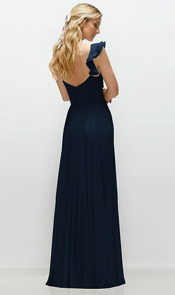 Back View - Midnight Navy Convertible Ruffle Strap Chiffon Maxi Dress with Full Circle Skirt