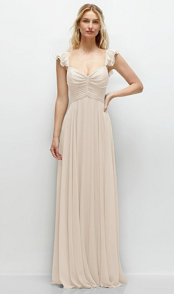 Front View - Oat Convertible Ruffle Strap Chiffon Maxi Dress with Full Circle Skirt